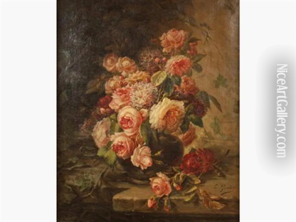 Bouquet De Roses A L'entablement Oil Painting - Clement Gontier