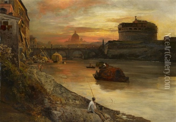 View Of Rome With The Castel Sant'angelo And A Fisher On The Banks Of The Tiber Oil Painting - Oswald Achenbach
