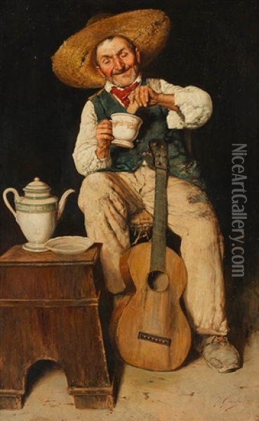 Alter Gitarrenspieler Mit Kaffee Und Geback Oil Painting - Fausto Giusto