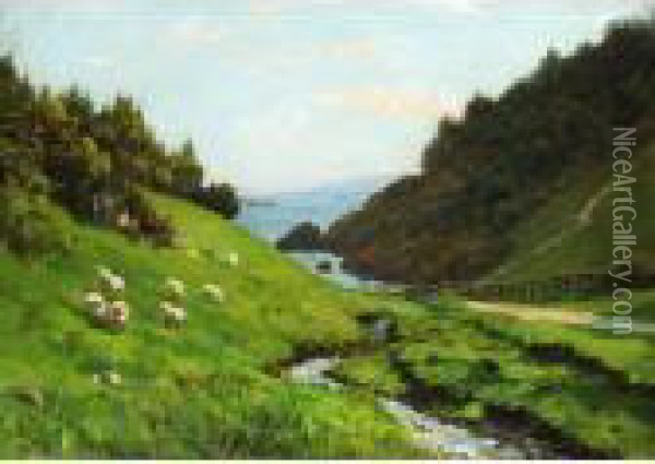Sheep Grazing By A Stream In Summer Oil Painting - Thomas Jacques Somerscales
