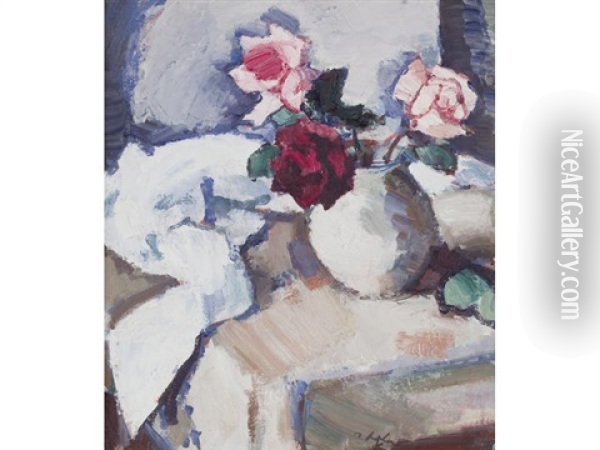 Dark Roses In Pot Oil Painting - Samuel John Peploe
