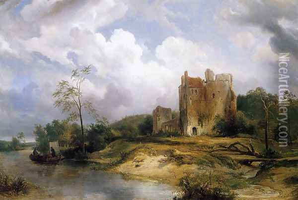 River Landscape with Ruins 1838 Oil Painting - Wijnandus Johannes Josephus Nuyen