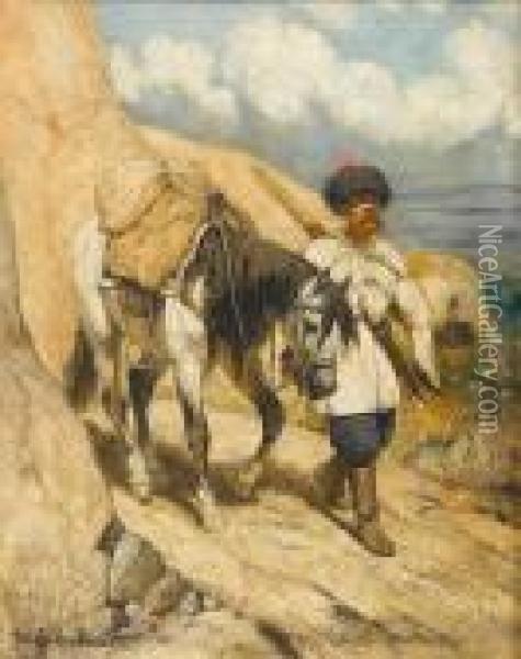 A Cossack With His Horse Oil Painting - Josef Anton, Tony Strassgschwandtner