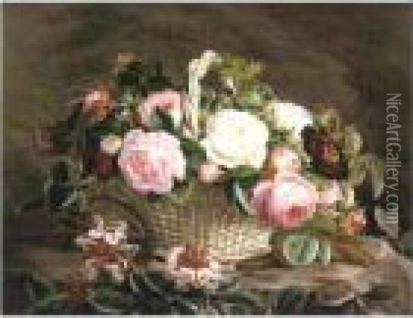 A Basket Of Pink And White And Red Roses With Honeysuckle Oil Painting - Johan Laurentz Jensen
