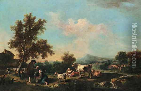 A river landscape with peasants, cattle and goats near farm buildings Oil Painting - Francesco Zuccarelli