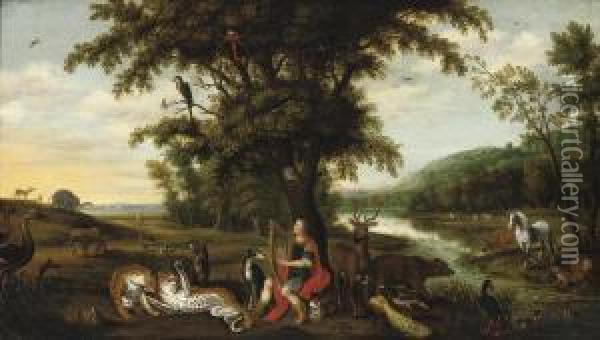 Orpheus Enchanting The Animals In A Wooded River Landscape Oil Painting - Isaak van Oosten