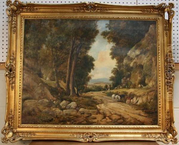 View Of A Rocky Woodland Track With Two Horses Oil Painting - James Hey Davies