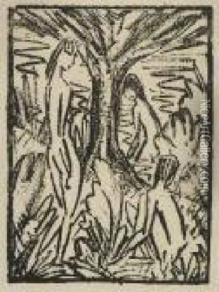 Stehendes, Sitzendes Und Badendes Madchen Am Baum. 1920/21 Oil Painting - Otto Mueller