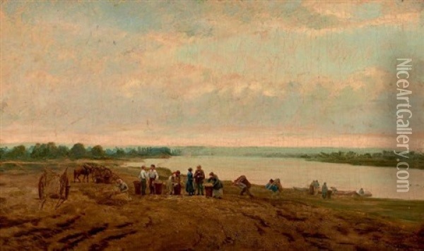 Fagotteurs Dans Un Paysage Fluvial Oil Painting - Adolphe M. Potement Martial