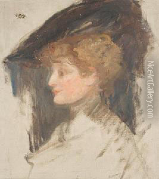 Head And Shoulders Portrait Of A Society Lady Oil Painting - Albert De Belleroche