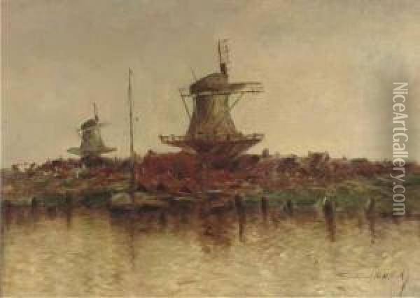 Windmills Along A River Oil Painting - Stephen Robert Koekkoek