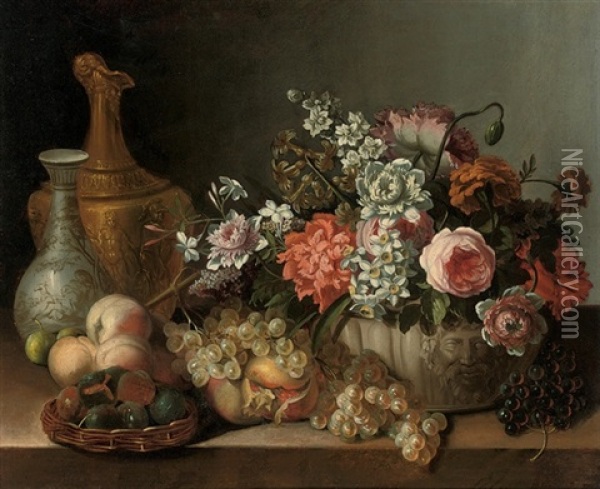 Roses, Carnations, Narcissi And Other Flowers In A Sculpted Urn, And Other Fruits On A Stone Ledge Oil Painting - Pierre Nicolas Huilliot