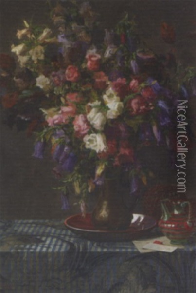 Bellflowers In A Jug Oil Painting - Ernst Albert Fischer