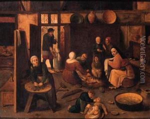 A Peasant Family In A Barn Oil Painting - Jan van Amstel