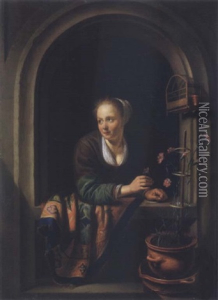 A Young Woman With A Pot Af Pinks By A Window Oil Painting - Gerrit Dou