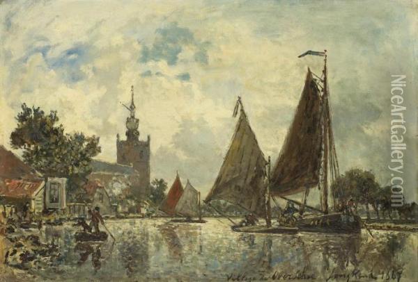Village D'overschie: Shipping On The River Schie Off The Grotekerk, Overschie Oil Painting - Johan Barthold Jongkind