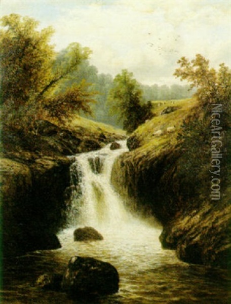 Sheep Grazing Near A Waterfall Oil Painting - William Mellor
