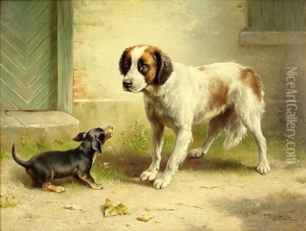 Spaniel And Dachshund Oil Painting - Carl Reichert