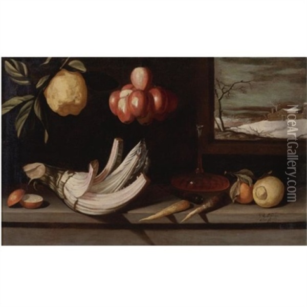 Still Life With Cardoon, Decanter Of Wine, Apples And Other Fruit, A Winter Landscape Beyond Oil Painting - Juan Van Der Hamen Y Leon