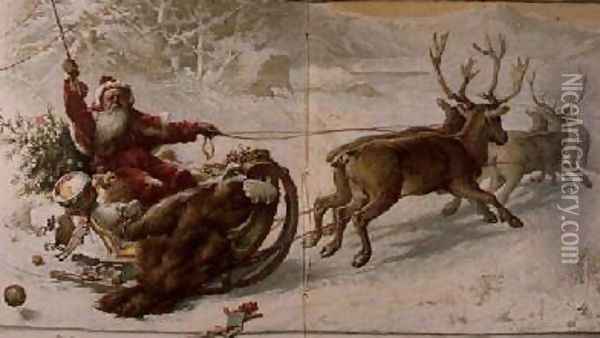 Santa Claus driving his sleigh through the snow Oil Painting - John Lawson