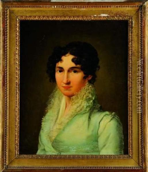 Portrait D'une Dame De Qualite En Robe De Mousseline Bleue Oil Painting - Pierre Louis Delaval