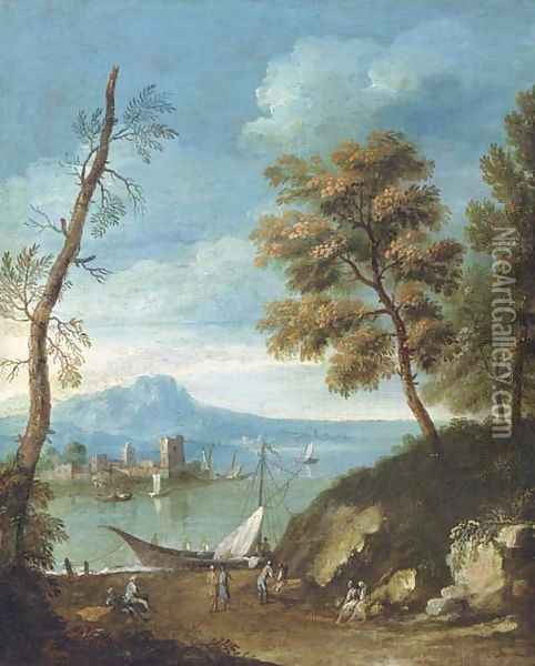 A Mediteranean coastal landscape with figures Oil Painting - Paolo Anesi