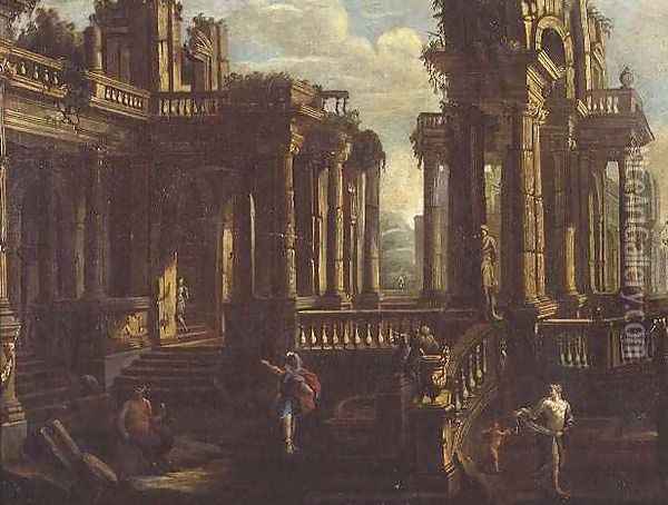 A capriccio of classical ruins with a warrior, a satyr and Cupid chasing a nymph Oil Painting - Jan Peeters