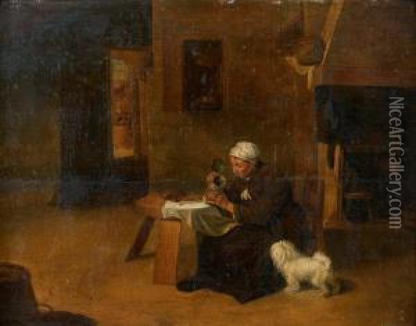 Femme Assise Dans Une Cuisine Pres De Son Chien Oil Painting - Quiringh Gerritsz. van Brekelenkam