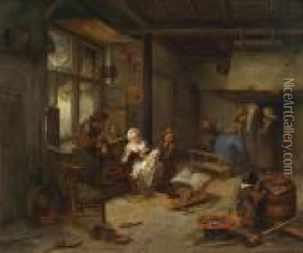 Kitchen Interior With Peasant Figures Oil Painting - Cornelis Dusart