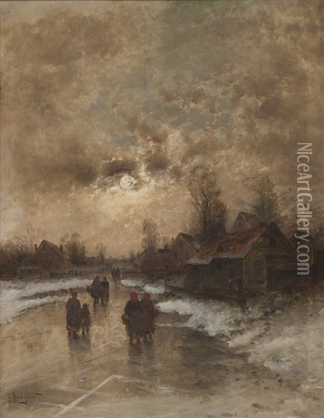 Winterliche Abendstimmung Mit Personenstaffage Oil Painting - Johann Jungblut