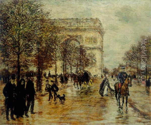 Les Champs-elysees, L'arc De Triomphe Oil Painting - Jean Francois Raffaelli