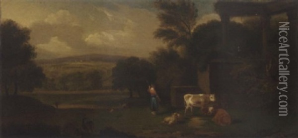 A Shepherdess With Cattle And Sheep In A Classical Landscape Oil Painting - George Lambert
