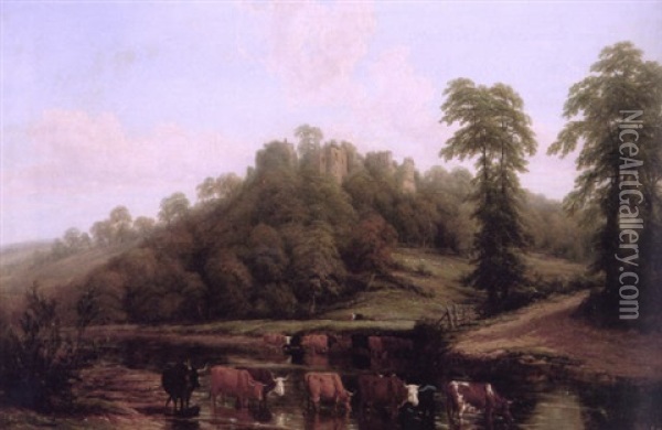 Cattle Watering Beneath Goodwich Castle On The Wye Oil Painting - Thomas Baker