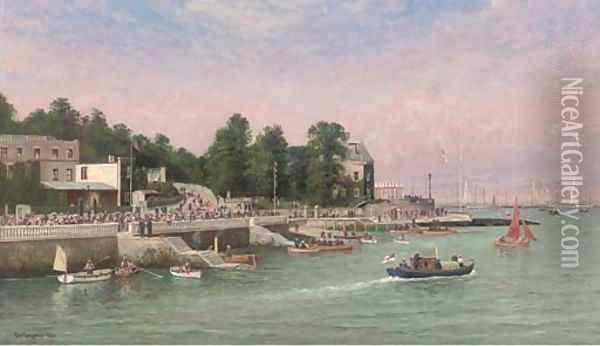 Big-class yachts racing at the regatta at Cowes, elegant figures on the esplanade Oil Painting - George Gregory