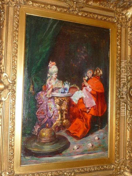 Elegantly Dressed Young Lady Taking Tea With A Cardinal Oil Painting - Jean Paul Sinibaldi
