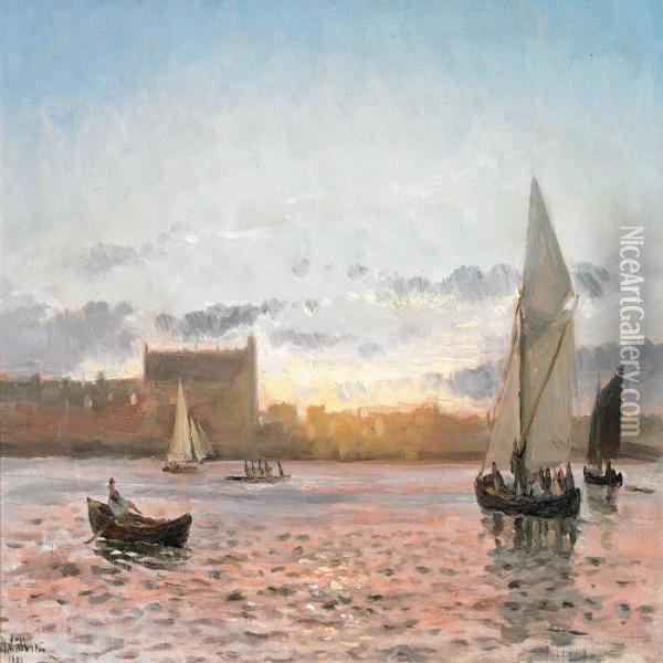 Small Boats In Quiet Water, Sunset Oil Painting - Holger Peter Svane Lubbers