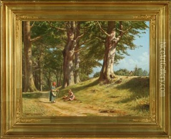 Two Women In A Forest Oil Painting - Niels Frederik Schiottz-Jensen