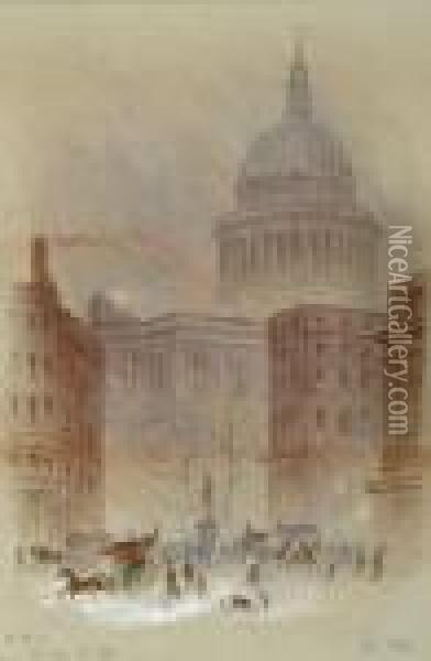 A Winter View Of St. Paul's Cathedral Oil Painting - Edwin Thomas Dolby