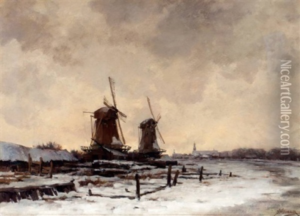 Molens In Sneeuwlandschap Oil Painting - Jan Hillebrand Wijsmuller