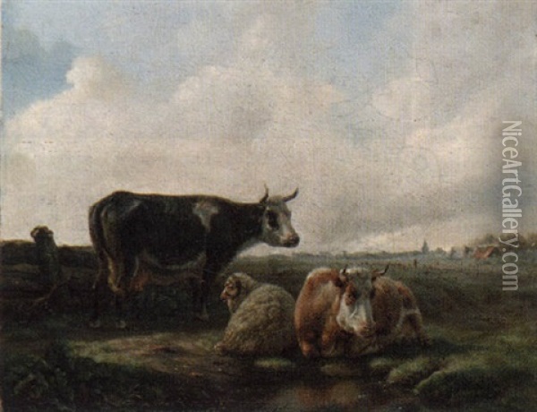 Landscape With Cows And A Sheep Oil Painting - Hendrikus Johannes Jelink
