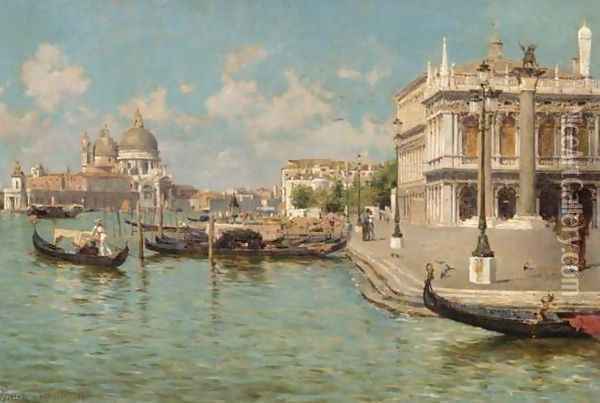 Gondoliers by St Mark's Square with Santa Maria della Salute beyond Oil Painting - Augusto Lovatti