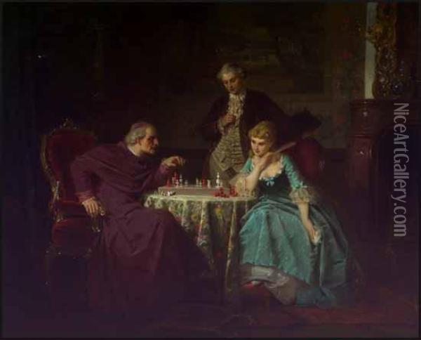 Cardinal And His Guests Playing Chess Oil Painting - Wilhelm Sen Roegge
