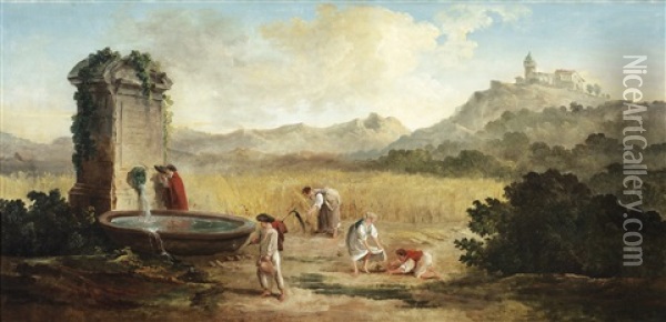 L'ete : La Moisson Dans La Campagne Romaine Oil Painting - Hubert Robert