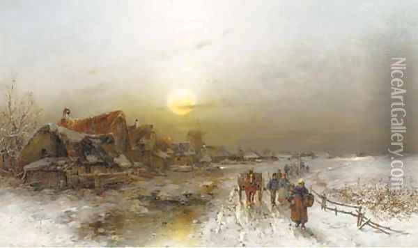 Dorf im Winter bei Morgendammerung Oil Painting - Desire Thomassin-Renardt