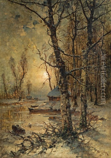 A Winter Evening In The Birch Wood Oil Painting - Yuliy Yulevich (Julius) Klever