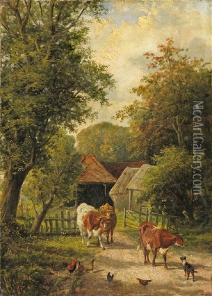 Kuhe, Huhner Und Ein Hund Vor Einem Stall Oil Painting - Charles Jones