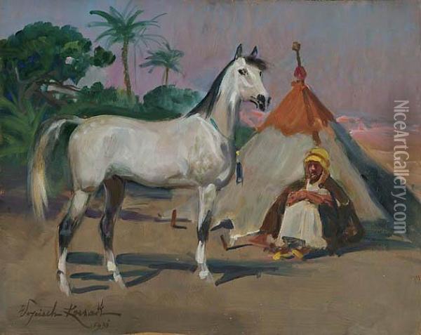 Arabski Kon I Beduin Przy Namiocie Oil Painting - Wojciech Von Kossak