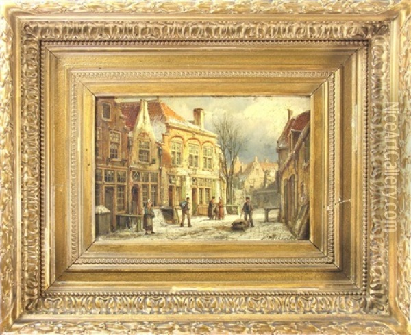 Dutch Streetscene In The Snow Oil Painting - Willem Koekkoek