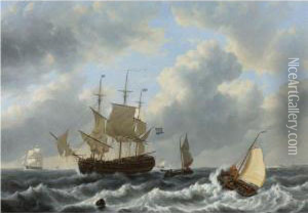 A Threemast And Other Vessels In An Estuary Oil Painting - Johannes Christian Schotel