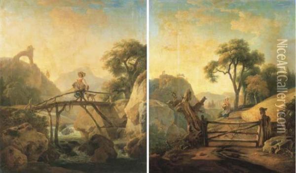Une Bergere Et Son Chien Sur Un Pont; Et Une Paysanne S'avancantsur Un Chemin Oil Painting - Jean Louis (Marnette) De Marne